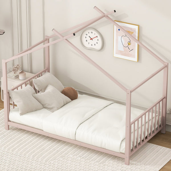 English Elm Twin Metal House Platform Bed with Slat Kit for Kids Sleepovers Sturdy Frame Elegant Silhouette 63.8"H Pink MF322835AAH