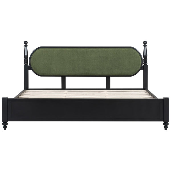English Elm King Platform Bed Solid Wood Frame Navy Velvet Headboard Modern Bedroom Furniture N770PK379966B