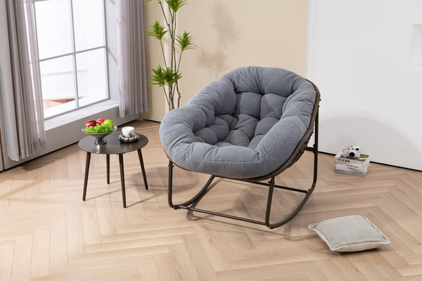 English Elm Outdoor Woven Rattan Egg Rocking Chair with Padded Cushion for Patio Porch Resort Lounge Dark Grey W640P499473