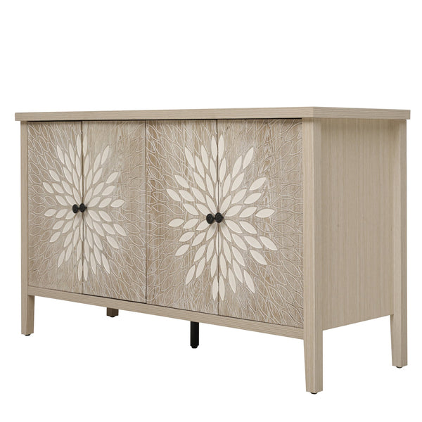 English Elm Sideboard Elegant Floral Handle Buffet Cabinet with 4 Doors, Adjustable Shelves & Reinforced Feet for Dining Room Storage Natural W688P232756