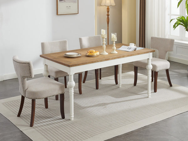 English Elm Mid Curved Back Dining Chairs Set of 2 with Copper Nail Trim, High-Density Foam Seats, Walnut Legs Beige W1143P186366