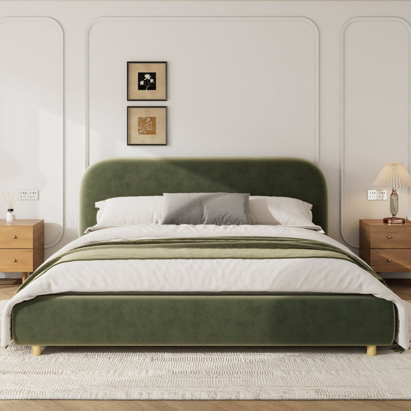 English Elm King Platform Bed Curved Boucle Upholstered Headboard Solid Rubberwood Legs Modern Bedroom N757P411870V