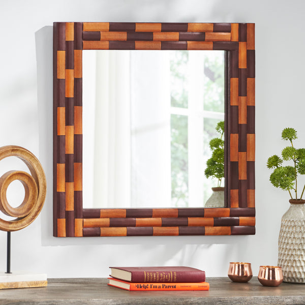 English Elm Christopher Knight Home® - Wall Mirror Blalock Square Handcrafted Goat Leather Frame 27x27in Reflective Accent for Elegant Rooms 68948.00