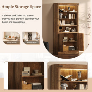 English Elm 83.4"Tall Modern Bookshelf with Doors Walnut, LED Accent Lighting, 3 Adjustable Shelves, Storage Cabinet N751S346154W