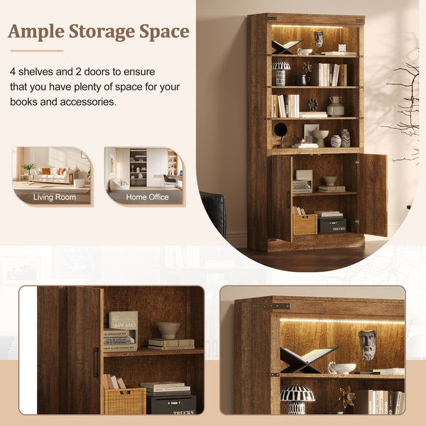 English Elm 83.4"Tall Modern Bookshelf with Doors Walnut, LED Accent Lighting, 3 Adjustable Shelves, Storage Cabinet N751S346154W