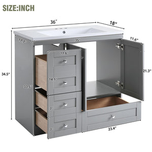 English Elm 36 Inch Shaker Bathroom Vanity with Resin Sink Four Soft Close Drawers Mdf Cabinet Gray N729P000028E