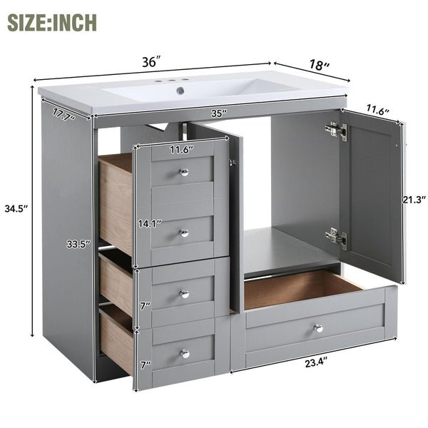 English Elm 36 Inch Shaker Bathroom Vanity with Resin Sink Four Soft Close Drawers Mdf Cabinet Gray N729P000028E