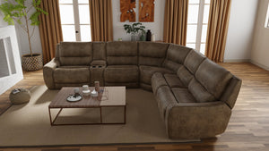 English Elm 6-Piece Performance Fabric Power Reclining Sectional with USB Charging, Hidden Console, Cup Holders Brown B339S00002