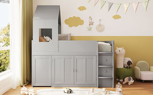 English Elm Twin House Loft Bed with Pull Out Rolling Desk Stair Drawers and Cabinet Storage Gray N820S00072E