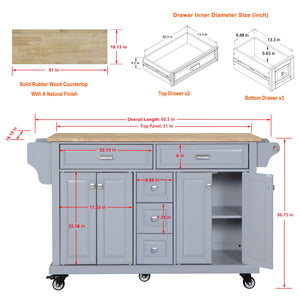 English Elm Kitchen Island durable rubberwood countertop kitchen cart on casters with towel rack, spice shelf, 5 drawers and adjustable shelving for organized meal prep and mobility Grey W914S00001
