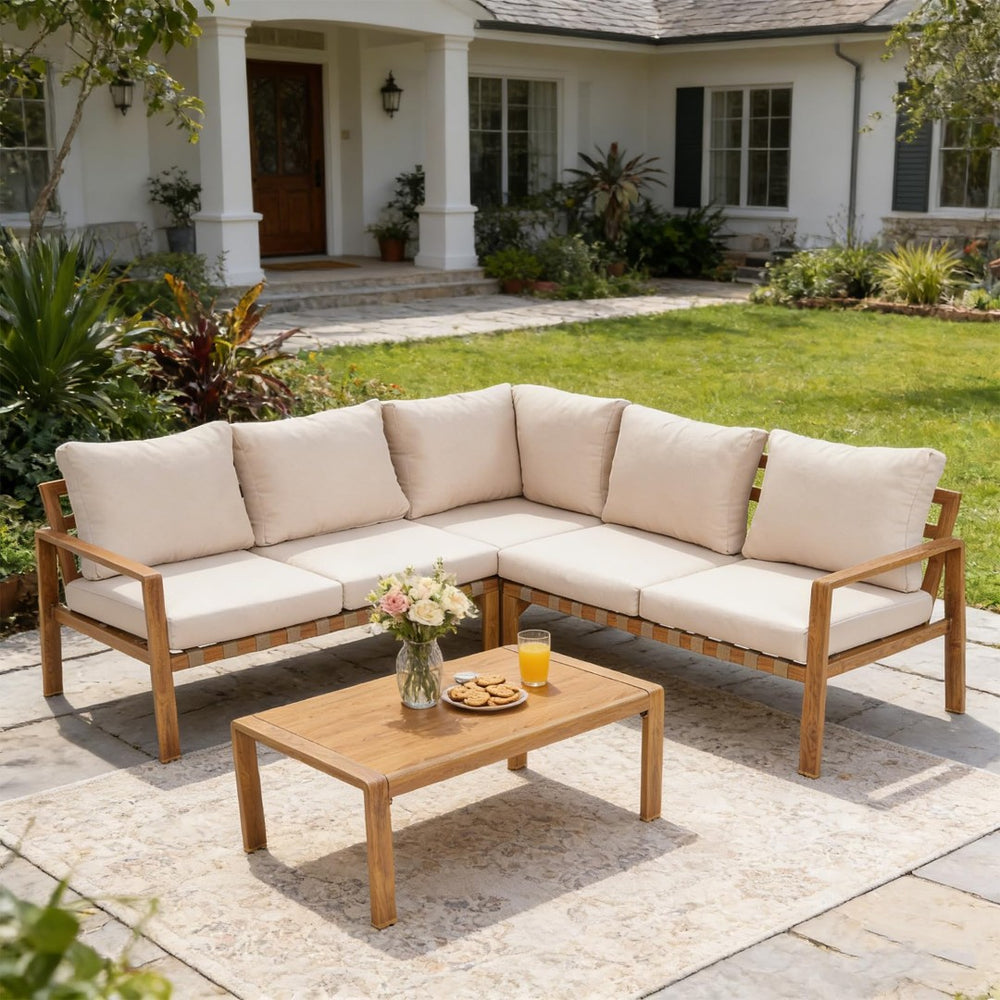 English Elm 4-piece Outdoor Aluminum Sectional with Wood Grain Finish and Cushioned Patio Seating T5880S00015