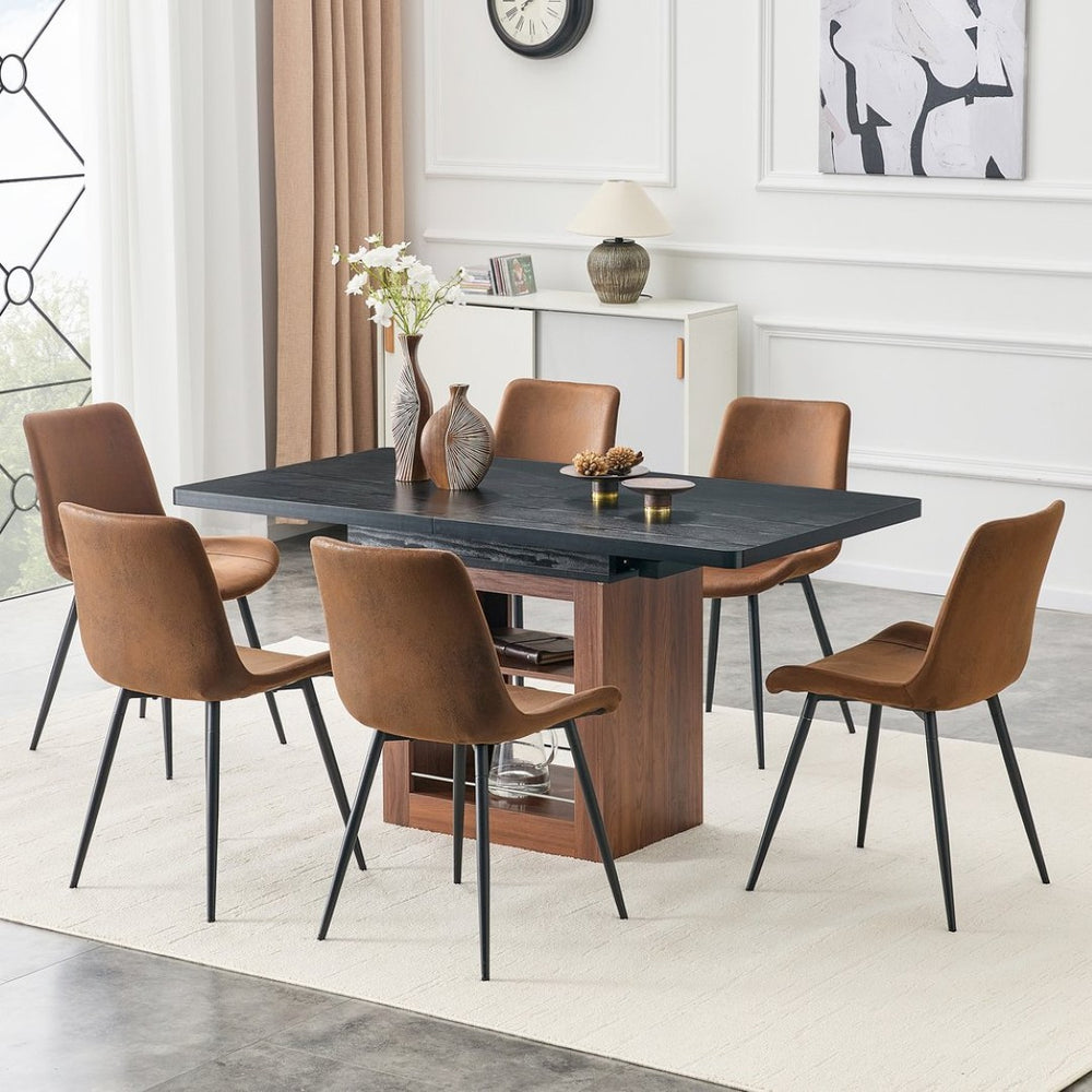 English Elm Expandable Dining Set Walnut Base Black Tabletop Six Brown Fabric Chairs Modern W1151S04697