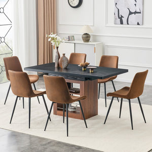 English Elm Expandable Dining Set Walnut Base Black Tabletop Six Brown Fabric Chairs Modern W1151S04697