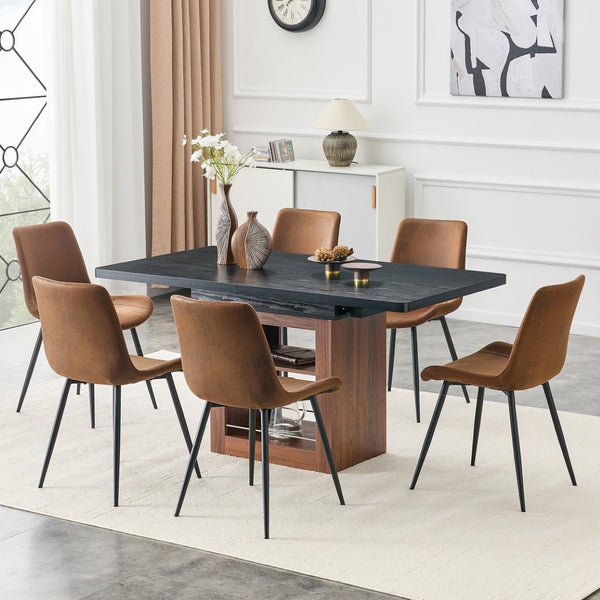 English Elm Expandable Dining Set Walnut Base Black Tabletop Six Brown Fabric Chairs Modern W1151S04697