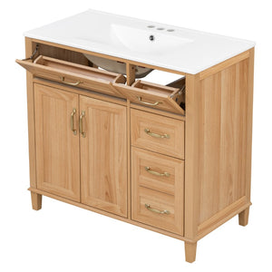 English Elm [video] 36 Inch Freestanding Bathroom Vanity with Ceramic Sink and Soft Close Storage N759P395344N