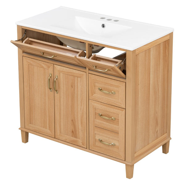 English Elm [video] 36 Inch Freestanding Bathroom Vanity with Ceramic Sink and Soft Close Storage N759P395344N