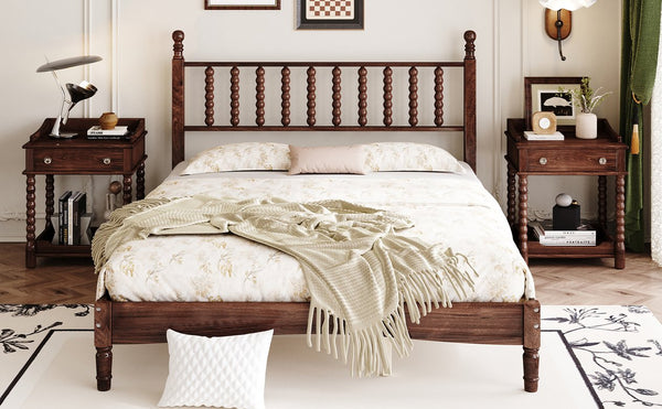 English Elm Queen Wood Platform Bed with Gourd-Shaped Headboard, Retro-Inspired Solid Frame, Slat Support, Sturdy Elegance Walnut 64.8 L x 17.5 W x 9.5 H N733P206242D