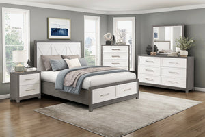 English Elm Queen Platform Bed with Footboard Storage, Ivory & Gray Finish, 2 Drawers, Modern Sturdy Frame B011S01673