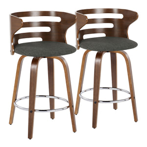 English Elm Cosini Mid-Century Modern 26" Fixed-Height Swivel Barstool Set of 2 — Walnut Wood, Padded Fabric Seat, Chrome Footrest Charcoal B202S00201