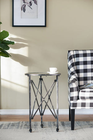 English Elm D17x26.5" Gilbert Side Table - Distressed Black Round Glass Top with Intersecting Frame & Casters W2078P394038