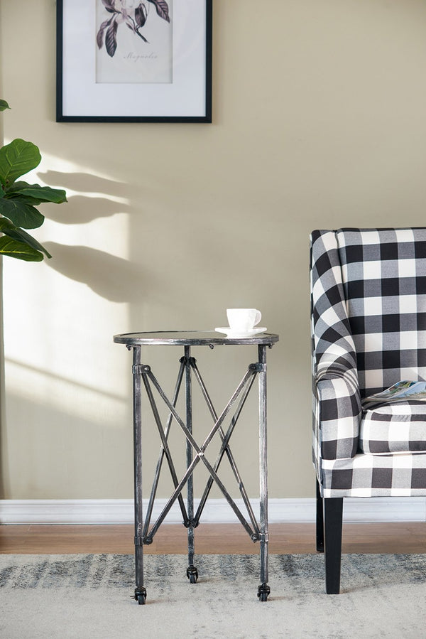 English Elm D17x26.5" Gilbert Side Table - Distressed Black Round Glass Top with Intersecting Frame & Casters W2078P394038