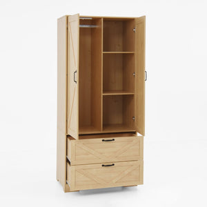 English Elm 2 Door Wardrobe Closet with Full Length Mirror Motion Light Hanging Rod and Drawers Natural W409P266780