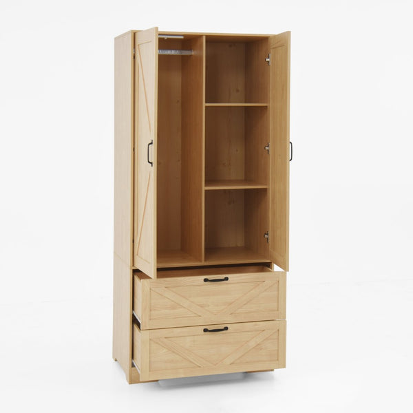 English Elm 2 Door Wardrobe Closet with Full Length Mirror Motion Light Hanging Rod and Drawers Natural W409P266780