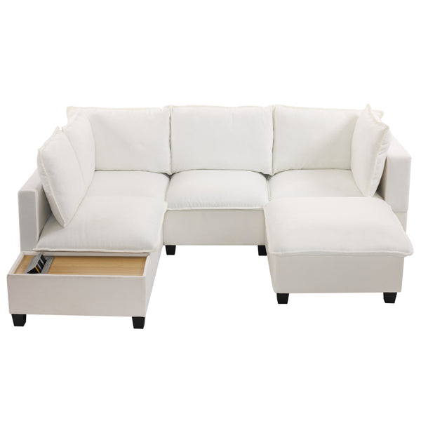English Elm 90" U-shaped Sectional Sofa Modular Couch with Movable Ottoman, Hidden Charging Coffee Table, Durable Comfort White N719S001780K