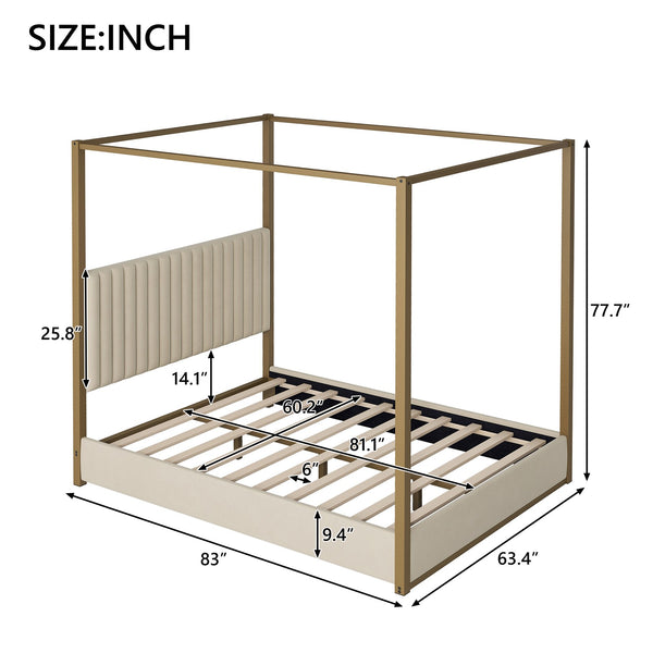 English Elm Queen Upholstered Canopy Bed with Headboard & Metal Frame, Velvet Gray, Modern Platform Design, Sturdy GX001031AAA-1
