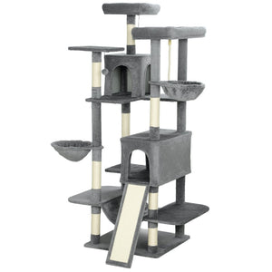 English Elm Multi-level 69 Inch Cat Tree with Dual Condos Hammocks and Sisal Scratching Posts T3971P412951
