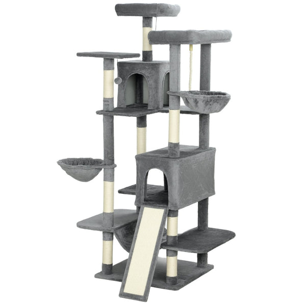 English Elm Multi-level 69 Inch Cat Tree with Dual Condos Hammocks and Sisal Scratching Posts T3971P412951