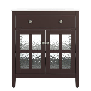 English Elm Christopher Knight Home® - 30" Bathroom Vanity with Ceramic Sink, Solid Wood Legs, Adjustable Shelf, Tip-Out Tray, Soft-Close Hinges, Silver Knobs, Moisture-Resistant Finish Dark Brown N817P286250D