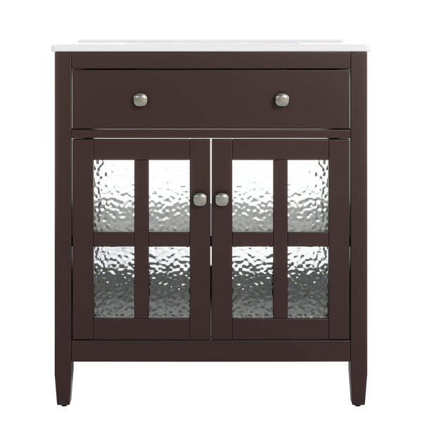 English Elm Christopher Knight Home® - 30" Bathroom Vanity with Ceramic Sink, Solid Wood Legs, Adjustable Shelf, Tip-Out Tray, Soft-Close Hinges, Silver Knobs, Moisture-Resistant Finish Dark Brown N817P286250D