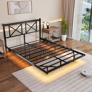 English Elm Full Size Floating Platform Bed with Led Underglow Usb Charging and Storage Headboard W840P383353