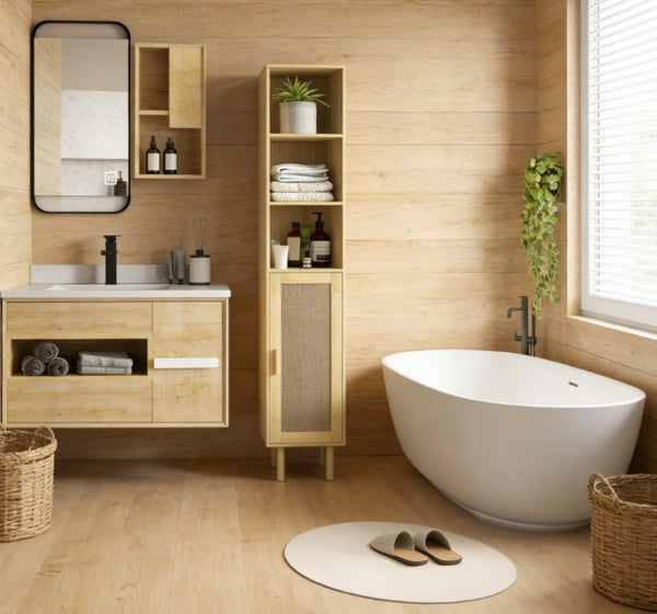 English Elm Nordic Tall Bathroom Storage Cabinet with Woven Rattan Doors and Open Shelving T3971P430664