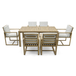 English Elm Patio Light Teak Acacia Wood Dining Set with Removable Beige Cushions, 6-Piece Outdoor Table & Chairs SZ000090AAA