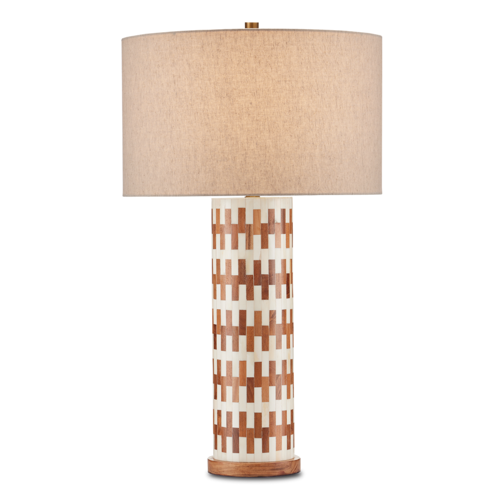 Tia Table Lamp - Elegant White Bone & Wood Design with Natural Linen Shade, Antique Brass Finish