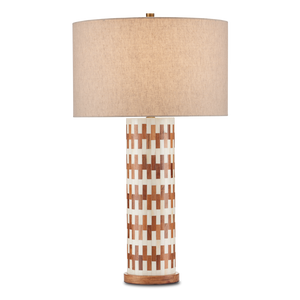 Tia Table Lamp - Elegant White Bone & Wood Design with Natural Linen Shade, Antique Brass Finish