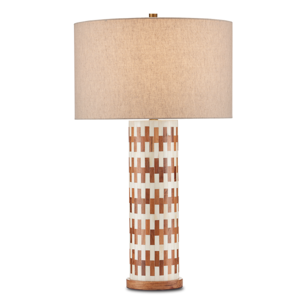 Tia Table Lamp - Elegant White Bone & Wood Design with Natural Linen Shade, Antique Brass Finish