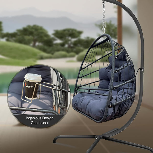 English Elm Swing Egg Chair with Stand - Foldable Wicker Rattan Hanging Basket, Safety Guardrail & Cup Holder Black W2707P184391