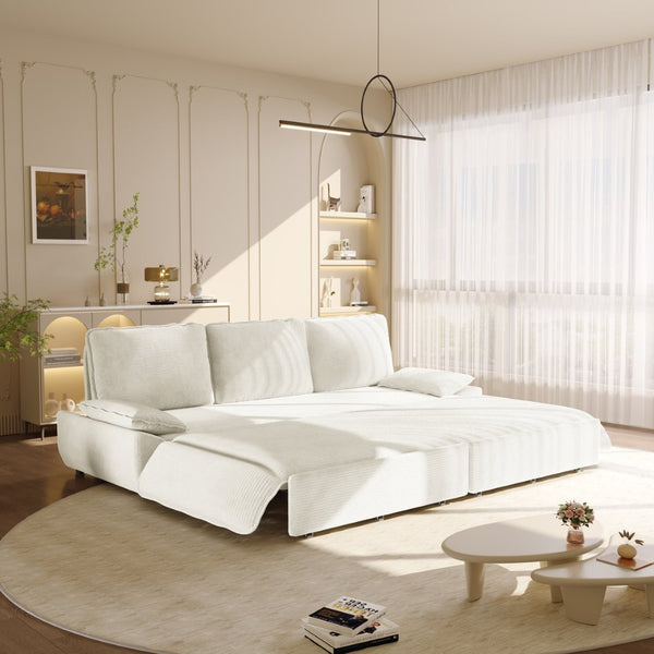 English Elm 94.5" King Convertible Sleeper Sofa Corduroy Upholstered Chaise Lounge Guest Room Bed White W1885S00403