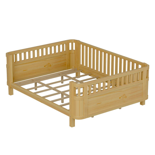 English Elm Queen Low Profile Pine Wood Kids Platform Bed with Guardrails and Rounded Safety Posts Natural W2593P409123