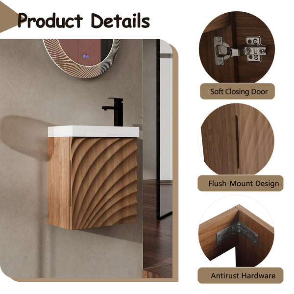 English Elm 18.5" Compact Wall-Mounted Bathroom Vanity With Stylish Resin Sink & Soft-Close Door, Walnut Finish W1972P362137