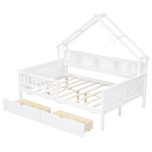 English Elm Wood Full Size Gaming Loft Bed with Integrated Desk, Shelves, LED Lighting & Hanging Clothes Rack White N7090001044K