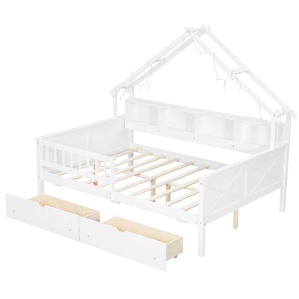 English Elm Wood Full Size Gaming Loft Bed with Integrated Desk, Shelves, LED Lighting & Hanging Clothes Rack White N7090001044K