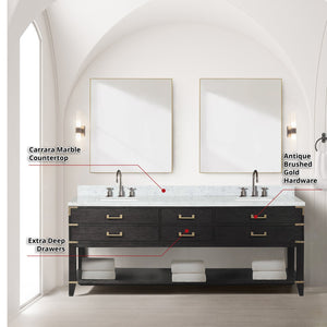 English Elm Black Oak Double Bath Vanity With Carrara Marble Top, Chrome Faucet, & 36" Mirrors For Elegant Style B2731S02205