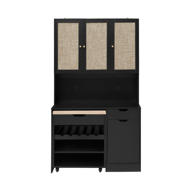 English Elm 69.29" Modern Buffet Cabinet with Cable Hole Cover, Mobile Kitchen Cart, Adjustable Shelves & Rattan Doors, Black W688S00054