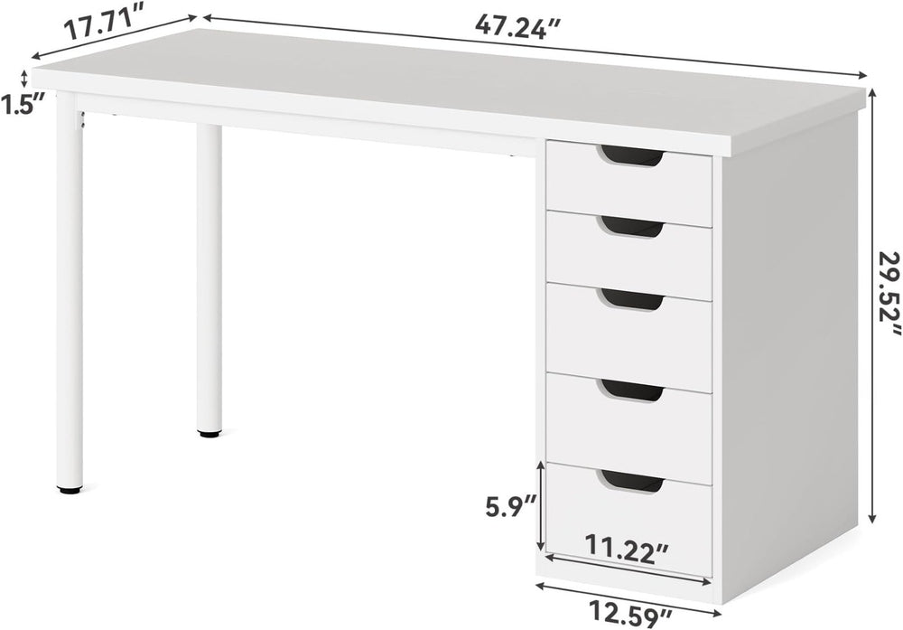 English Elm Classic Five Drawer Writing Desk with Round Metal Legs and White Engineered Wood Top T3971P457511