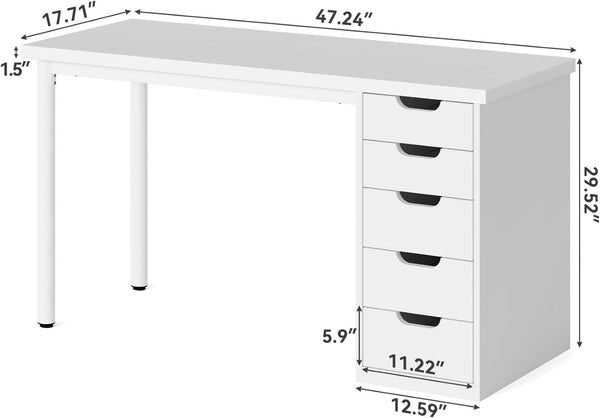 English Elm Classic Five Drawer Writing Desk with Round Metal Legs and White Engineered Wood Top T3971P457511