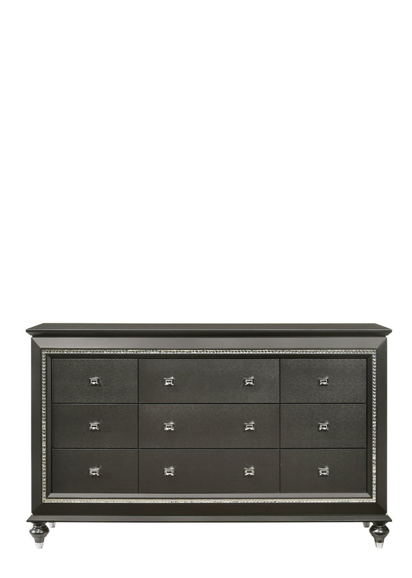English Elm Kaitlyn Elegant Dresser with 9 Felt-Lined Drawers, Crystal Trim, Embossed Texture & Bun Legs Silver grey 70 L x 21 W x 39 H B2726P261867